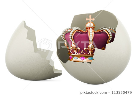 Golden royal crown inside broken chicken egg, 3D rendering 113550479