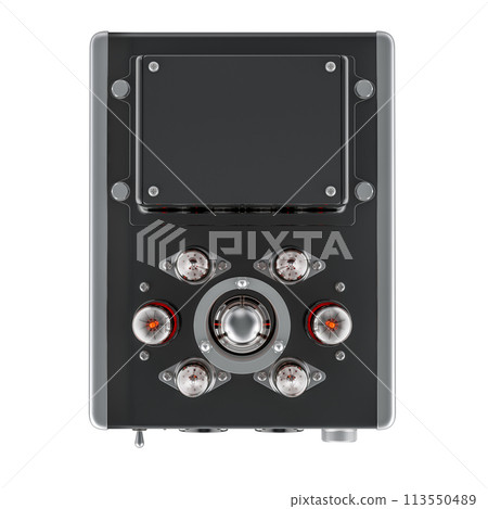 Vacuum tube amplifier, view from above. 3D rendering Vacuum tube amplifier, view from above. 3D rendering 113550489