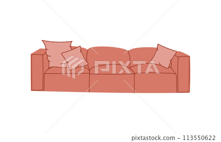 Fashionable pink sofa with retro style pillows. A modern collection of upholstered furniture. Flat vector illustration Fashionable pink sofa with retro style pillows. A modern collection of upholstered furniture. Flat vector illustration 113550622