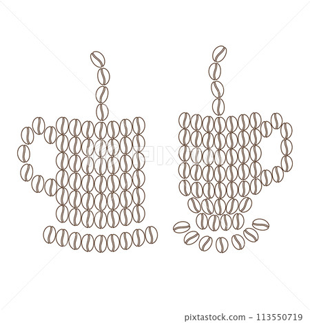 Stylized coffee cups with saucer and smoke made of outline drawing coffee beans Set of 2 Coffee Day Stylized coffee cups with saucer and smoke made of outline drawing coffee beans Set of 2 Coffee Day 113550719