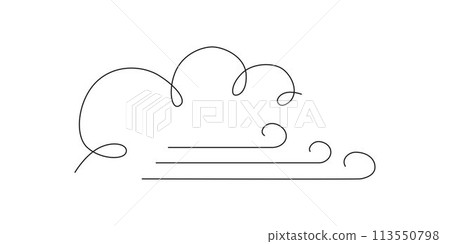 Wind with cloud - hand drawing one single continuous line banner. Vector stock illustration isolated on white background for design template weather forecast, travel blog. Editable stroke. EPS10 Wind with cloud - hand drawing one single continuous line banner. Vector stock illustration isolated on white background for design template weather forecast, travel blog. Editable stroke. EPS10 113550798