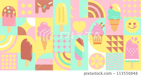 Ice cream horizontal banner,geometric flat style. Ice cream horizontal banner,geometric flat style. 113550848