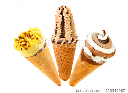 Set of various ice cream in waffle cones isolated on white. Collage. 113550967