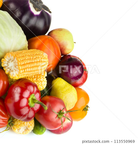 Set of vegetables and fruits isolated on a white. There is free space for text. 113550969