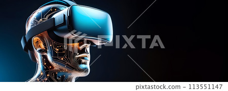 Digital man head in VR headset, virtual reality glasses, banner background 113551147