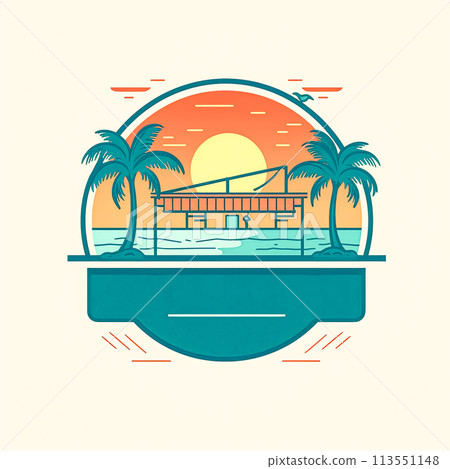 A beach scene with a house and palm trees 113551148