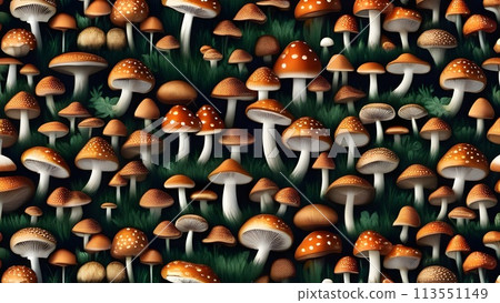 forest pattern with colorful mushrooms and lush green foliage. This autumn-inspired design captures 113551149