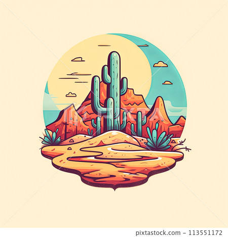 A desert scene with a cactus and mountains in the background. 113551172