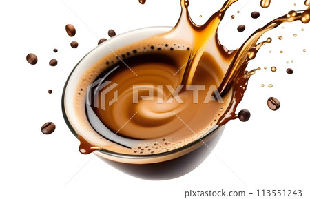 A brown liquid pours into a cup, creating a splash against a white background. This enticing 113551243