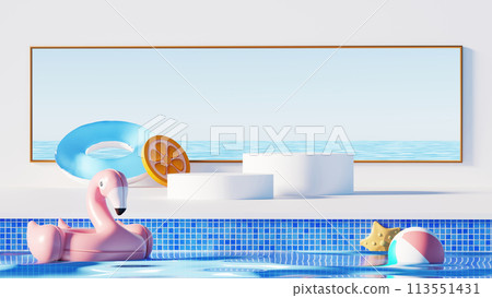 3D render, minimal Summer background with empty podium or pedestal platform for showing product, cosmetic scene for mock up, beach swim elements decoration. 113551431