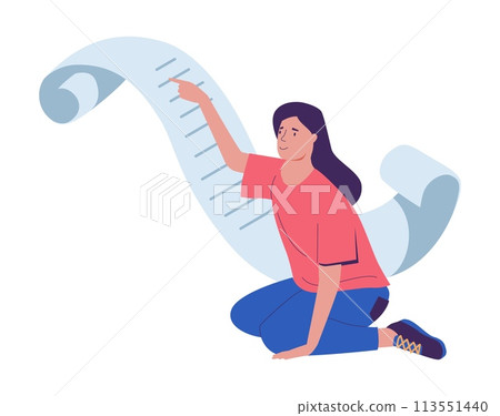 Creative people. Woman with paper scroll. Person reads document. Writing novel. Literature author. Copywriter or book editor. Contract signature. Student with curled page. Vector concept Creative people. Woman with paper scroll. Person reads document. Writing novel. Literature author. Copywriter or book editor. Contract signature. Student with curled page. Vector concept 113551440