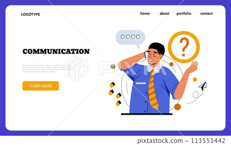 Business communication landing page. Businessman calling phone for ask question. Online consultation. Feedback connection. Internet chat. Website interface template. Vector background 113551442