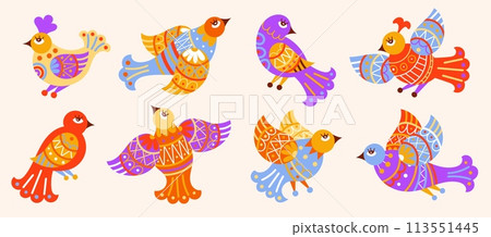Folk birds set. Retro doodle art, flat ornament trendy decor for ethnic embroidery, norway various wings. Scandinavian style isolated elements for design. Vector graphic cartoon illustration 113551445