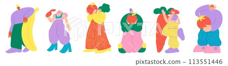 People hold food. Foodie persons. Happy female carrying big vegan meal products. Male eating carrot and banana. Huge tomato. Fresh vegetables or fruits. Vector healthy characters set 113551446
