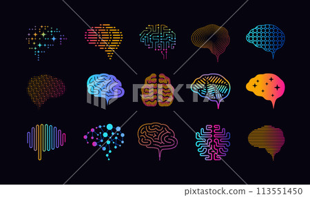 Brain icons. Psychology outline symbols. Neurology science. Cyber technology. Head in front view. Genius cerebrum. Logic and mind. Color gradient signs. Vector thin line pictograms set Brain icons. Psychology outline symbols. Neurology science. Cyber technology. Head in front view. Genius cerebrum. Logic and mind. Color gradient signs. Vector thin line pictograms set 113551450