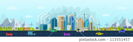 City buildings. Street landscape. Business offices. Skyline panorama. Car on road. Windmills and solar panels. Urban highway. Skyscrapers or village houses. Vector cityscape background City buildings. Street landscape. Business offices. Skyline panorama. Car on road. Windmills and solar panels. Urban highway. Skyscrapers or village houses. Vector cityscape background 113551457