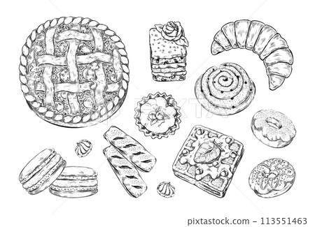 Cake sketch. Bakery sweet croissant, hand drawn muffin or waffle pastry food, vintage retro pie and donut, menu decoration with cheesecake. Bakehouse logo elements. Vector isolated illustration 113551463