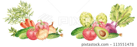 Set of vegetable compositions. Cucumbers and beet, artichoke. Tomato, potato and parsley plant, onion. Paprika and carrot, avocado. Hand drawn botanical watercolor illustration isolated on white 113551478