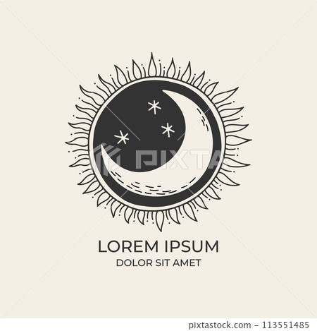 Crescent moon and sun black and white Crescent moon and sun black and white 113551485
