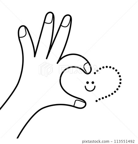 Outline illustration Hand shows OK gesture and Smiley face inside heart Compliment to a person 113551492