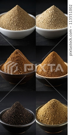Celery seed powder on a black background. Celery seed powder on a black background. 113551802