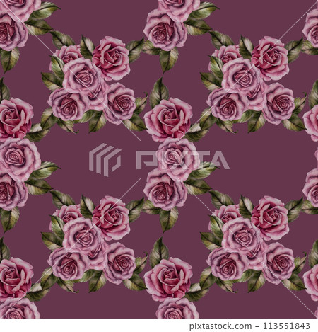 Seamless floral pattern of pink powder roses as watercolor illustration in vintage style for wedding, birthday, valentine's day, mother's day, textile, bedding, packaging, scrapbooking, wrapping, card 113551843