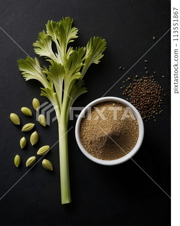 Celery seed powder on a black background. 113551867
