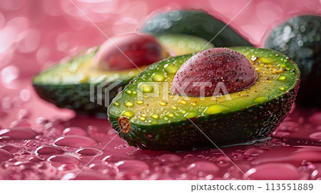 Halved Avocado on Pink Surface Halved Avocado on Pink Surface 113551889