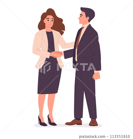 Male and female business people handshake. Man and woman agreement gesture, colleagues shaking hands flat vector illustration. Office characters shaking hands Male and female business people handshake. Man and woman agreement gesture, colleagues shaking hands flat vector illustration. Office characters shaking hands 113551910