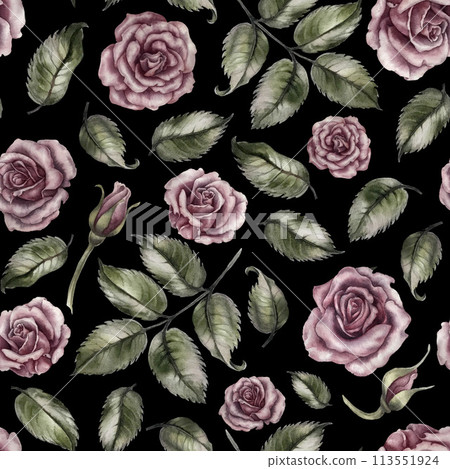 Seamless floral pattern of pink powder roses as watercolor illustration in vintage style for wedding, birthday, valentine's day, mother's day, textile, bedding, packaging, scrapbooking, wrapping, card Seamless floral pattern of pink powder roses as watercolor illustration in vintage style for wedding, birthday, valentine's day, mother's day, textile, bedding, packaging, scrapbooking, wrapping, card 113551924