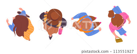 Women walking top view. Moving diverse people group view from above, girls strolling flat vector illustration set. Cartoon female top view Women walking top view. Moving diverse people group view from above, girls strolling flat vector illustration set. Cartoon female top view 113551927