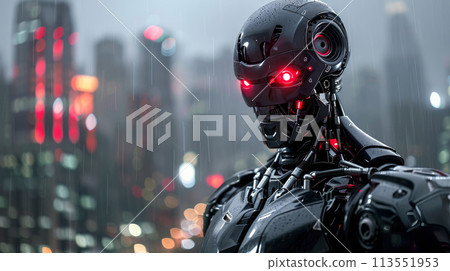 Futuristic Robotic Entity Surveying a Rain-Drenched Cityscape at Night 113551953