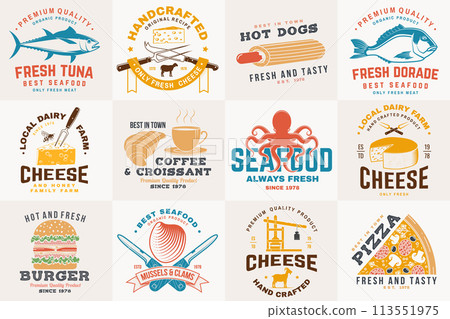 Set of cheese family farm, seafood and fast food retro badge. Vector. For seafood emblem, sign, patch, shirt, menu restaurants with cheese, tuna, trout, shrimp, octopus crab mussels and clams, hotdog Set of cheese family farm, seafood and fast food retro badge. Vector. For seafood emblem, sign, patch, shirt, menu restaurants with cheese, tuna, trout, shrimp, octopus crab mussels and clams, hotdog 113551975