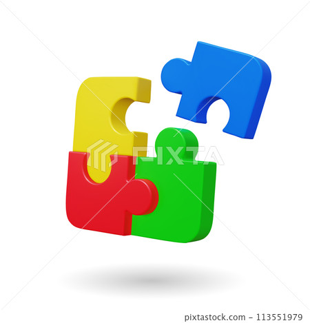 3d toy puzzle. Vector illustration. Jigsaw pieces connecting together. Business partnership or teamwork. Toy puzzle gift for kids. 113551979
