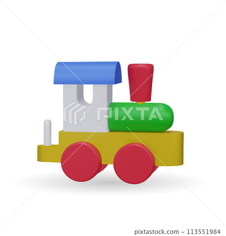3d toy train. Vector illustration. Kids toys train, locomotive on rails. Most classic toys in the past. 3d toy train. Vector illustration. Kids toys train, locomotive on rails. Most classic toys in the past. 113551984