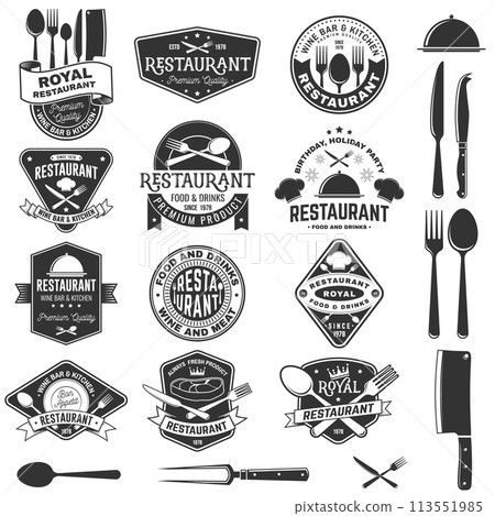 Set of Restaurant logo. Vector Illustration. Vintage graphic design for logotype, label, badge with plate, steak, cloche with lid, fork and knife. Cooking, cuisine logo for menu restaurant or cafe. Set of Restaurant logo. Vector Illustration. Vintage graphic design for logotype, label, badge with plate, steak, cloche with lid, fork and knife. Cooking, cuisine logo for menu restaurant or cafe. 113551985