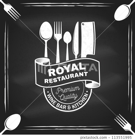 Royal Restaurant shop, menu on the chalkboard. Vector Illustration. Vintage graphic design for logotype, label, badge with crown, plate, kitchen knife, fork and spoon. Cooking, cuisine logo for menu Royal Restaurant shop, menu on the chalkboard. Vector Illustration. Vintage graphic design for logotype, label, badge with crown, plate, kitchen knife, fork and spoon. Cooking, cuisine logo for menu 113551995