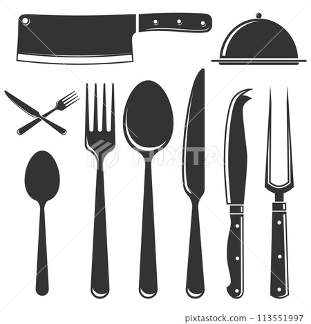 Set of cutlery icons silhouettes. Spoon, forks, knife, cloche with lid. Graphic with knives, forks, and spoons used for eating or serving food for restaurant business concept. Vector illustration Set of cutlery icons silhouettes. Spoon, forks, knife, cloche with lid. Graphic with knives, forks, and spoons used for eating or serving food for restaurant business concept. Vector illustration 113551997