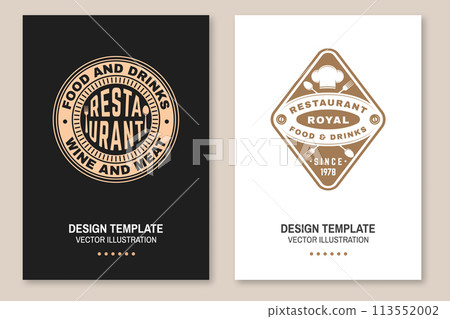 Restaurant poster design. Vector Illustration. Vintage graphic design for logotype, label, badge with chef hat, fork and knife. Cooking, cuisine logo for menu restaurant or cafe. 113552002