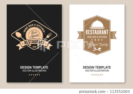 Restaurant poster design. Vector Illustration. Vintage graphic design for logotype, label, badge with steak, fork and knife. Cooking, cuisine logo for menu restaurant or cafe. Restaurant poster design. Vector Illustration. Vintage graphic design for logotype, label, badge with steak, fork and knife. Cooking, cuisine logo for menu restaurant or cafe. 113552003