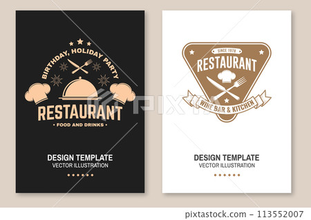 Restaurant poster design. Vector Illustration. Vintage graphic design for logotype, label, badge with chef hat, fork and knife. Cooking, cuisine logo for menu restaurant or cafe. Restaurant poster design. Vector Illustration. Vintage graphic design for logotype, label, badge with chef hat, fork and knife. Cooking, cuisine logo for menu restaurant or cafe. 113552007