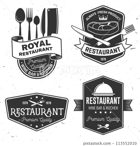 Set of Restaurant shop, menu logo. Vector Illustration. Vintage graphic design for logotype, label, badge with plate, steak, cloche with lid, fork and knife. Cooking, cuisine logo for menu restaurant Set of Restaurant shop, menu logo. Vector Illustration. Vintage graphic design for logotype, label, badge with plate, steak, cloche with lid, fork and knife. Cooking, cuisine logo for menu restaurant 113552010