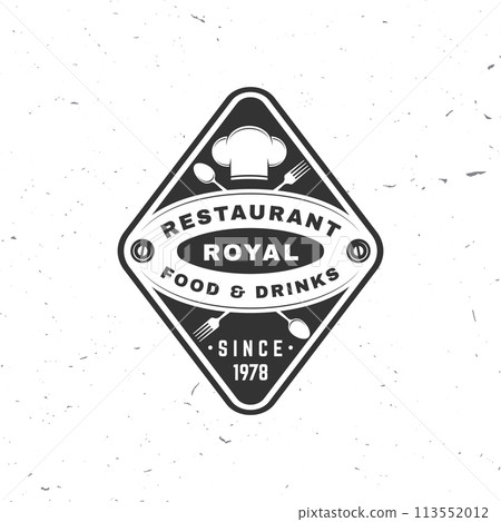 Restaurant shop, menu logo. Vector Illustration. Vintage graphic design for logotype, label, badge with chef hat, fork and knife. Cooking, cuisine logo for menu restaurant or cafe. 113552012