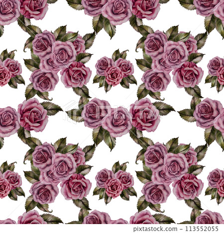 Seamless floral pattern of pink powder roses as watercolor illustration in vintage style for wedding, birthday, valentine's day, mother's day, textile, bedding, packaging, scrapbooking, wrapping, card Seamless floral pattern of pink powder roses as watercolor illustration in vintage style for wedding, birthday, valentine's day, mother's day, textile, bedding, packaging, scrapbooking, wrapping, card 113552055