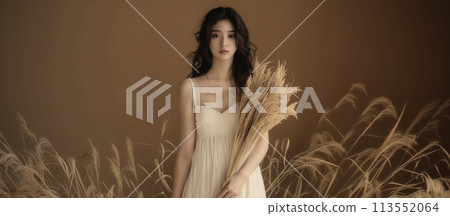 美麗的黑髮女子被稻穗包圍 113552064