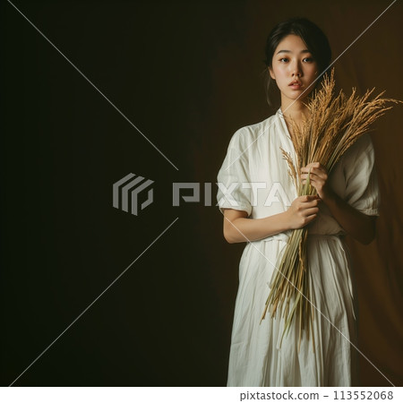 A woman in white clothes holding an ear of rice with a serious expression 113552068