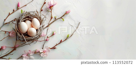 Background image of bird nest with eggs and flowers 113552072