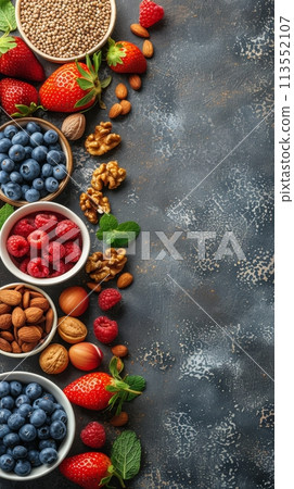 Table With Bowls of Fruit and Nuts 113552107