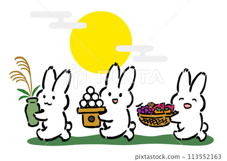 滿月背景下三隻兔子準備賞月的插圖 滿月背景下三隻兔子準備賞月的插圖 113552163