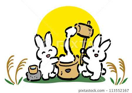 兩隻兔子搗年糕準備賞月的插圖，滿月背景 113552167